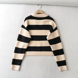 Women Sweater Knitwear Autumn and Winter Loose Striped Sweater Women's Casual Long-Sleeved Polo Top