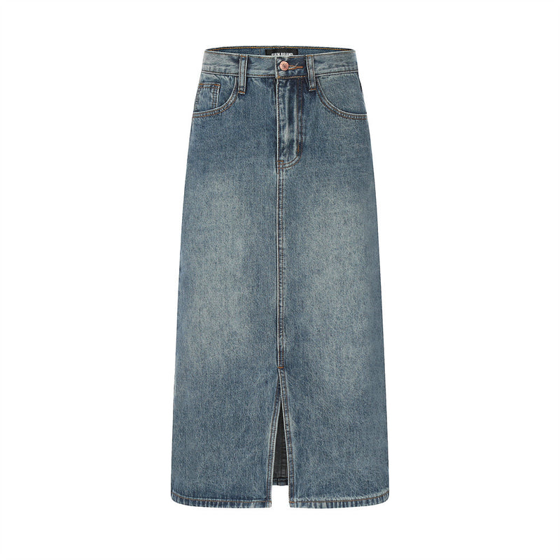Women Long Skirt Front Slit Denim Skirt Loose Washed-out Midi Skirt