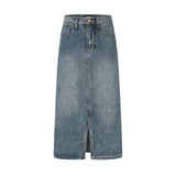 Women Long Skirt Front Slit Denim Skirt Loose Washed-out Midi Skirt