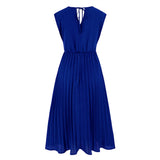 Women Date Dress Summer V-neck Pleated Sleeveless Waist Dress
