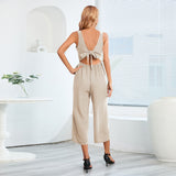 Women Date Dress Summer Sleeveless V-neck Slim Fit Tied Jumpsuit Straight-Leg Pants