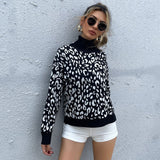 Women Knitted Sweater Long Sleeve Turtleneck Jacquard Black Leopard-Print Sweater