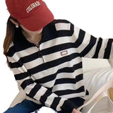Women Knitwear Autumn and Winter Striped Zipper and Lapel Knitwear Style Sweater