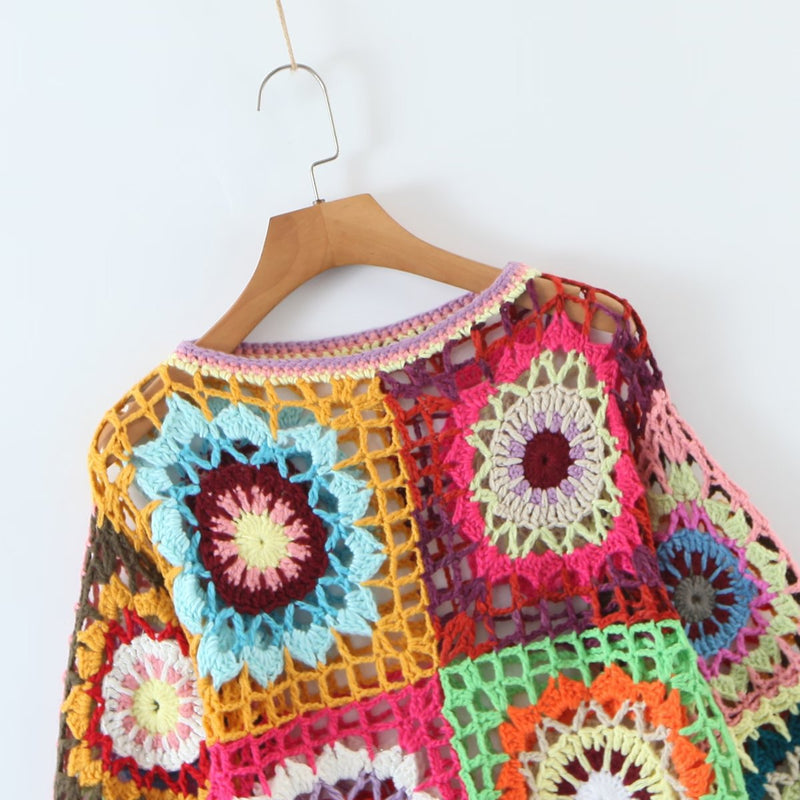 Women Sweater Knitwear Handmade Bell Sleeve Pullover Short Knitwear Artistic