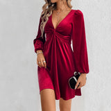 Women Dress Fall/Winter Sexy V-neck Long Sleeve Party Velvet Dress