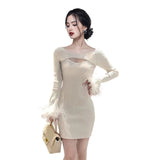 Women Maxi Dress Autumn and Winter Hollow Long Sleeve Narrow Knitted Dress