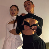 Women Jumpsuit Spring Sexy Hollow out Zipped round Neck Long Sleeve Jumpsuit