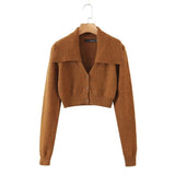 Women Sweater Knitwear Lapel Vintage Knitted Cardigan Women's Navel Short Long-Sleeved Sweater