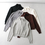 Women Sweater Knitwear Vintage Double Zipper Lapel Cardigan Top Coat Short Long Sleeve Sweater