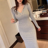 Women Dresses Hooded V-neck Sweatshirt Skirt Long Sleeve Hip Skirt