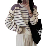 Women Knitted Pullover Autumn and Winter Loose Casual Striped Button Sweater Sweater