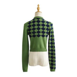 Women Sweater Knitwear Vintage Diamond Plaid V-neck Single Breasted Long Sleeve Knitted Cardigan