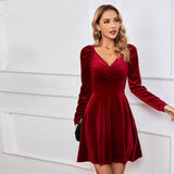 Women Dress Autumn and Winter V-neck Sexy Velvet Dress Banquet Dress