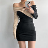 Women Dresses off-Shoulder Long Sleeve Dress Hip Skirt