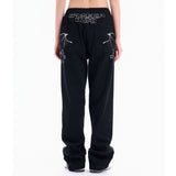 Men Sweatpants Pocket Wings Embroidered Straight Zipper Slit Jeans