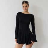 Women Dresse Sexy Backless round-Neck Long-Sleeved Dress