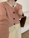 Women Knitted Cardigan Retro Short Knitted Cardigan Loose Color Matching round Neck Sweater Coat