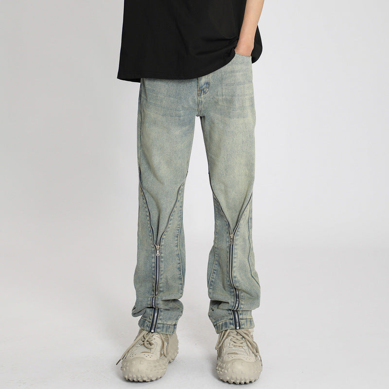 Men Jeans Zipper Jeans Men Vintage Straight-Leg Trousers