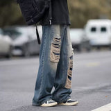 Men Jeans Retro Tattered Jeans Jeans Men's Summer Washed Distressed Loose Wide-Leg Straight Pants