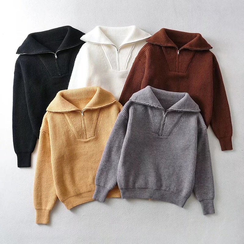 Women Sweater Knitwear Zipper and Lapel Sweater Sweater