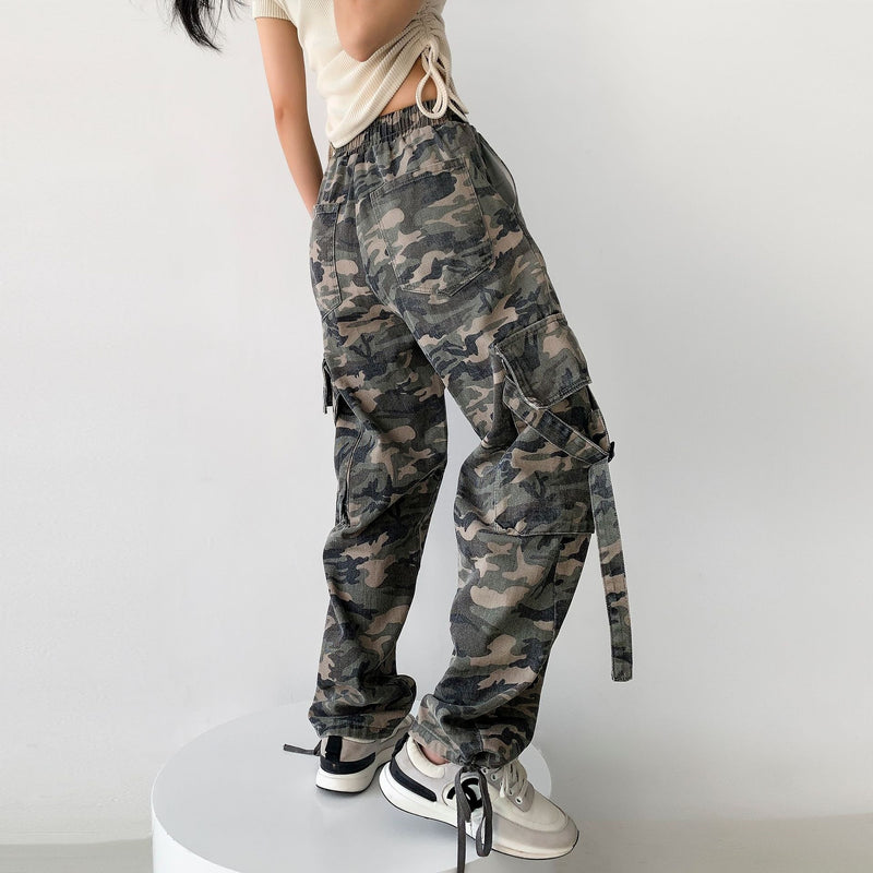 Women Sweatpants Retro Washed Camouflage Cargo Pants Multi-Pocket Ankle Banded Slacks