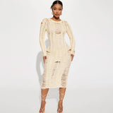 Women Dresses Winter Sexy Cutout Ripped Wool Long Sleeve Dress