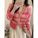 Women Knitwear Spring and Autumn V-neck Striped Tassel Sweater Slim-Fit Knitted Cardigan