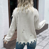 Women Knitted Sweater Autumn and Winter Shabby Long Sleeve Hollow out White High Collar Sweater