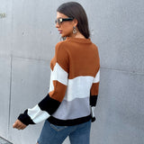 Women Knitted Sweater round Neck Long Sleeve Color Matching Sweater for Women Autumn and Winter