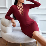Women Dress Hollow Sexy Sheath Skirt Slim-Fit Long Sleeve Dress