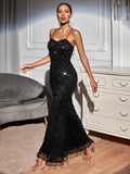 Women's Evening Gown Sexy Backless Sequins Dress Strap Evening Dress