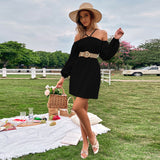 Women Dress Spring/Summer Loose Casual Short Skirt off-Shoulder Braces Long Sleeve Dress