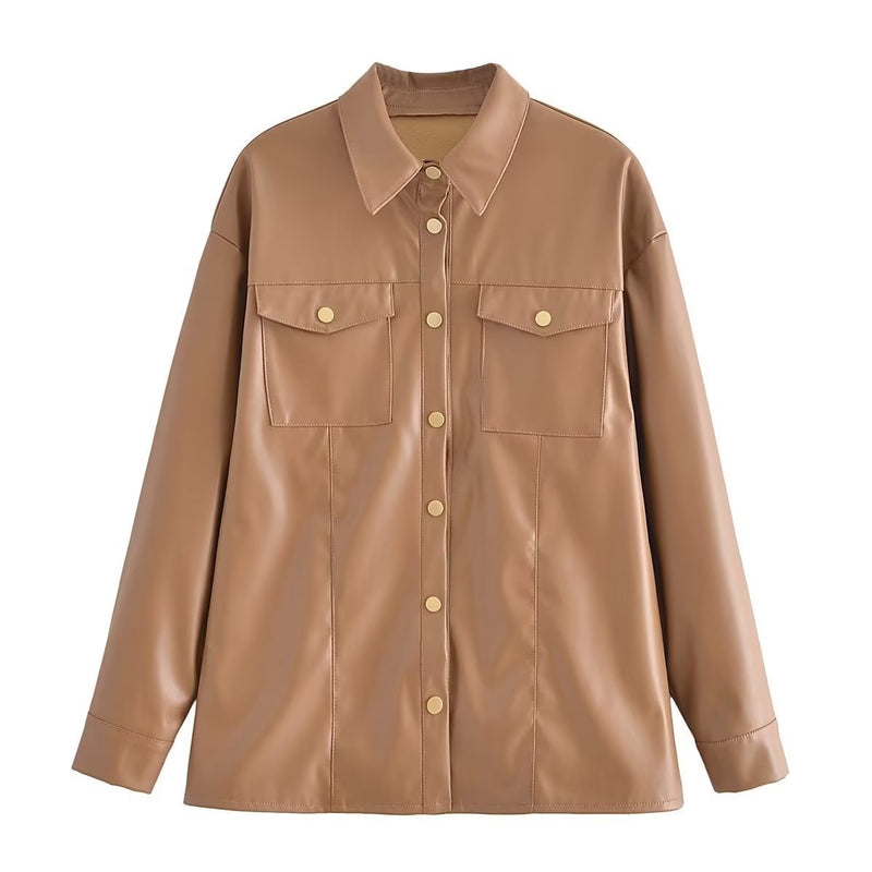 Women Leather Jacket Autumn PU Leather Biker's Leather Jacket Women's Retro Imitation Leather Shirt Coat