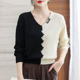 Women Knitwear Spring and Autumn V-neck Color Matching Sweater Loose Sweater