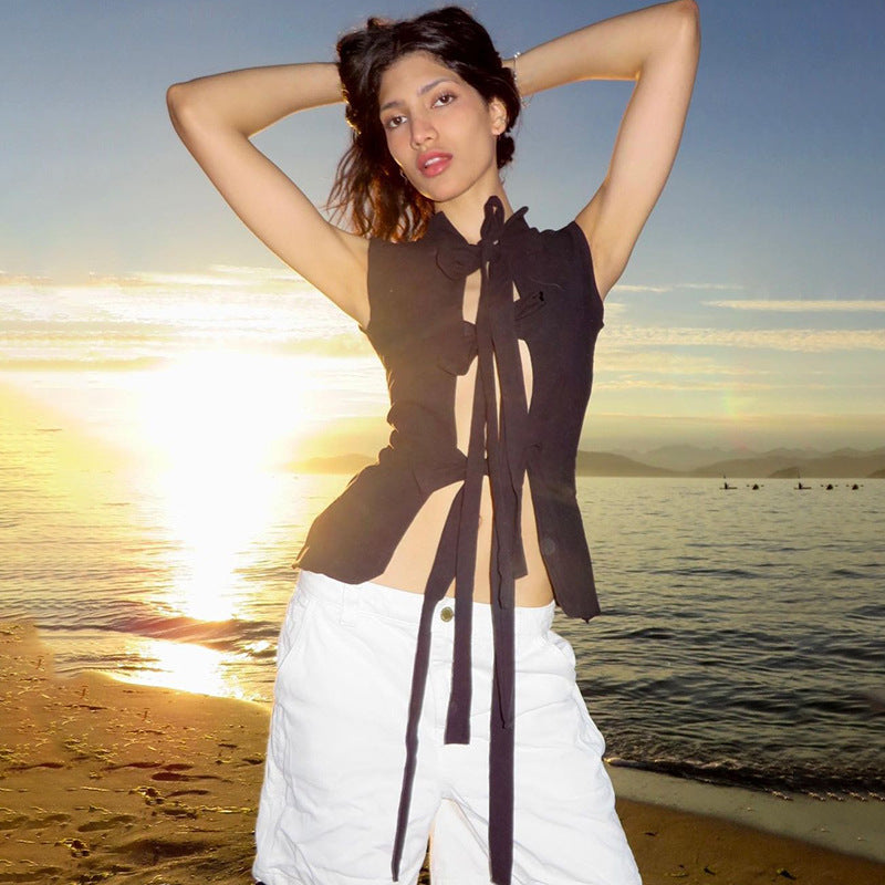 Women Tops Spring Slim-Fitting Hollow Vest Sleeveless Tied Top