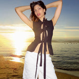 Women Tops Spring Slim-Fitting Hollow Vest Sleeveless Tied Top