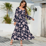 Women Date Dress Autumn Winter Sexy Long Sleeve V-neck Lantern Sleeve Backless Floral Long Tie Dress