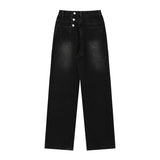 Women Pants Fastener Decoration Straight Jeans Women Loose Wide Leg Pants Retro Trousers