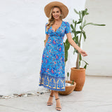 Women Date Dress Floral Dress Short Sleeve V-neck Bohemian A- line Skirt