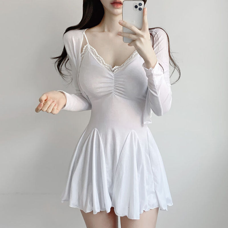 Women Dresses V-neck Lace Ruffled Suspender Skirt Dress Suit
