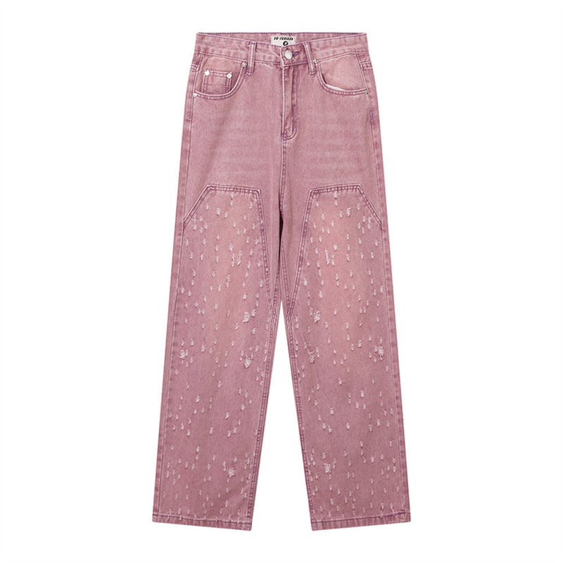 Women Pants Pink Straight Ripped Jeans for Women