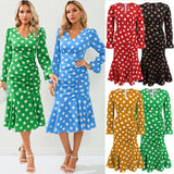 Women Date Dress Autumn and Winter Dress Sexy V-neck Polka Dot Printing Long-Sleeved Fishtail Dress