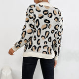 Women Knitted Sweater Autumn and Winter Knitting Long Sleeve Leopard-Print Sweater