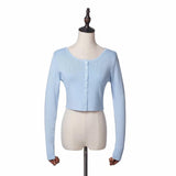 Women Sweater Knitwear Autumn Retro Crew Neck Front Row Buckle Slim Fit Short Knitted Cardigan Top
