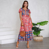Women Date Dress Summer V-neck Ruffle Vintage Floral Beach Dress