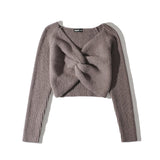 Women Sweater Knitwear Midriff-Baring Top V-neck Cross Kinked Long Sleeve Knitted Sweater