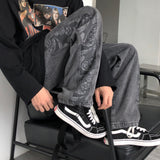 Men Jeans Washed Denim Trousers Elastic Waist Baggy Straight Trousers