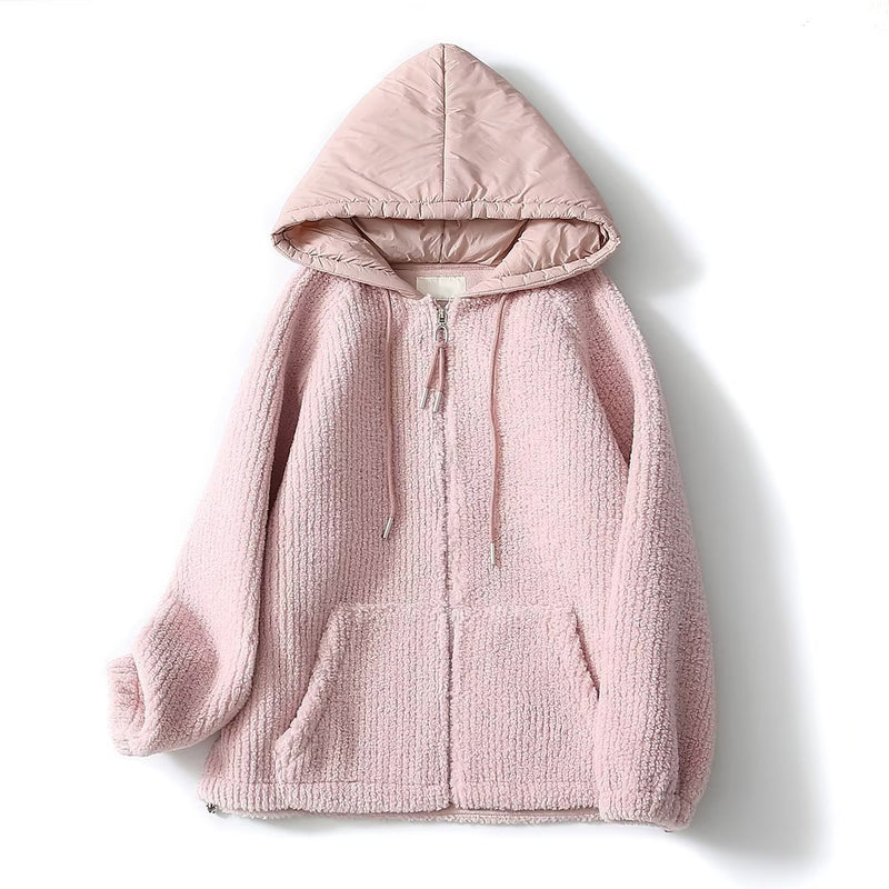 Women Jacket Autumn and Winter Fleece Fur Integrated Hooded Sweatshirt Cardigan