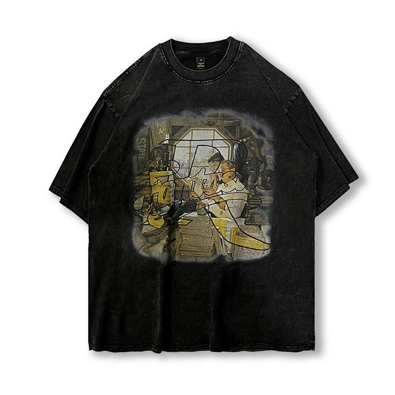 Men T Shirt Retro Loose round Neck Half-Sleeved T-shirt