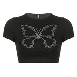 Women T-shirt Vintage Butterfly Rhinestone Knitted Slim round Neck T-shirt